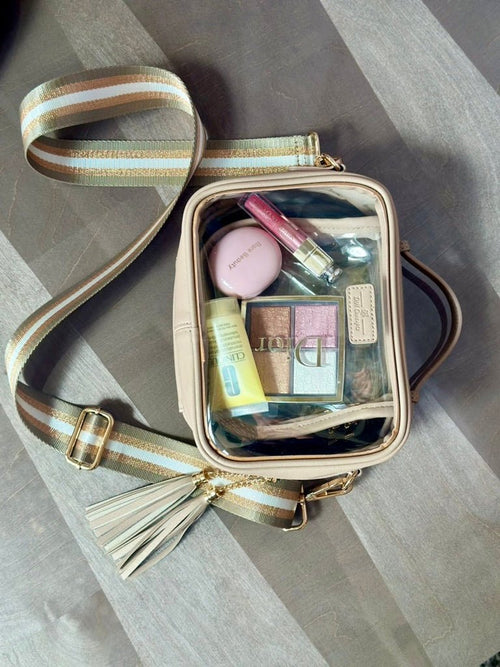 Beige the Classic Clear Makeup Bag with Additional Crossbody Strap